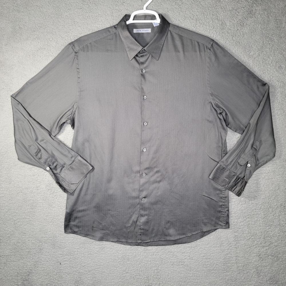 John Henry Mens Shirt Extra Large Long Sleeve Gray Pinstripe Satin Preppy Formal